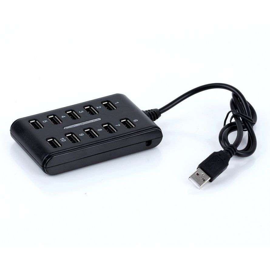 Mini 10 Ports USB 2.0 Hub High Speed AC Adapter For PC Laptop Notebook Black