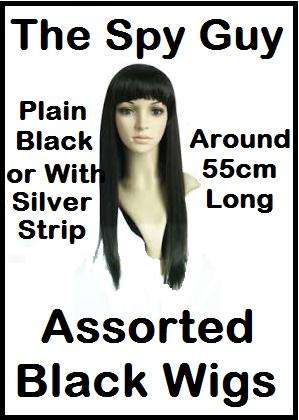Black Party Wig Straight with Single Silver or White Strip Around 55cm Long Also in Plain