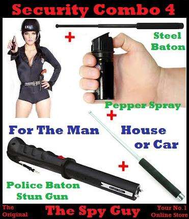 Security Combo 4 Man on da Move Pepper Spray Steel Baton Police Stun Baton Protect Yourself