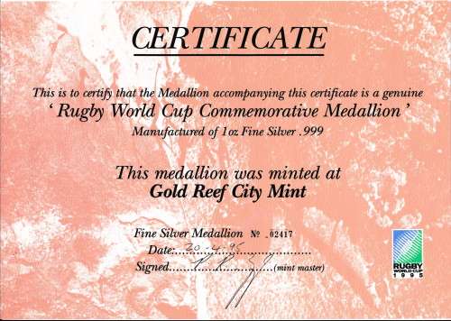 Rugby world cup, 1995, 1 oz .999 fine silver medallion