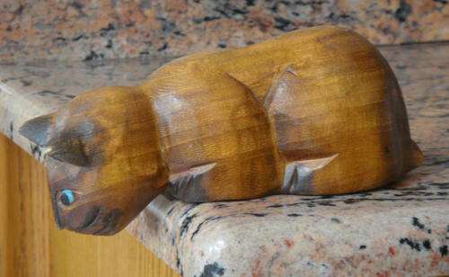Wooden Cat with Big Blue Eyes