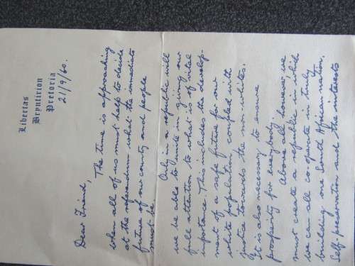 H F VERWOERD LETTER DATED 21/09/1960
