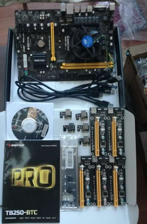 Biostar TB250-BTC, MB, CPU + 5 X PCI-E riser sets.