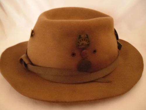 RARE & UNIQUE "HALF" ARMY FELT "SLOUCH" HAT WITH FOUR CARAVAN BADGES, 56 cm, REDUCED BY R200.00