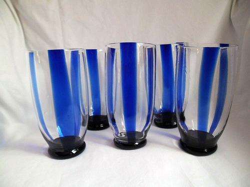 FIVE LARGE VINTAGE POSSIBLE *MURANO* COBALT BLUE *CANNE ART* DRINKING GLASSES, REDUCED BY R500!