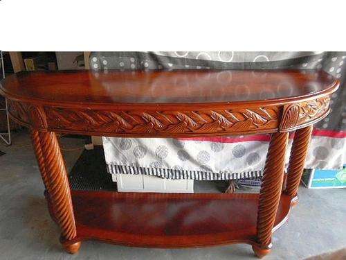 VINTAGE LARGE & HEAVY MAHOGANY FINISH HALF MOON TABLE WITH DEEP CARVED BORDER