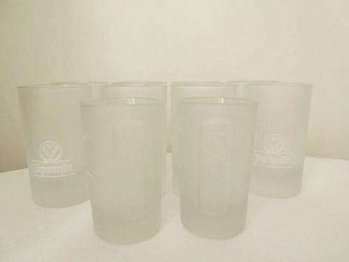 NOW REDUCED BY 50 %! FOUR *JAGERMEISTER* LARGE 4 OZ FROSTED DOUBLE SHOT SHOOTER GLASSES