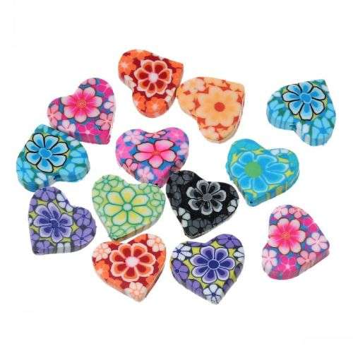 POLYMER CLAY - ASSORTED - MULTICOLOR - HEART  BEADS - 15mm x13mm