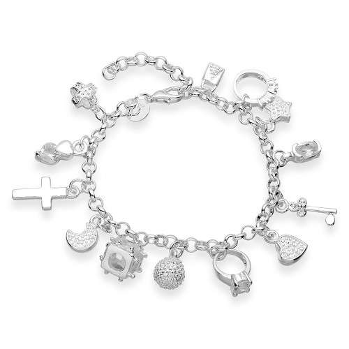 CHARM BRACELET WITH 13 CHARMS - 925 SILVER FILLED