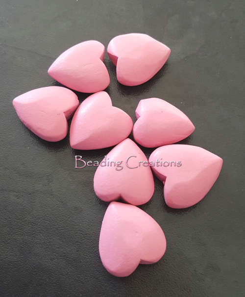 DESIGNER - HAND PAINTED - NATURAL WOODEN HEART BEADS - ROSE PINK - 20x22mm
