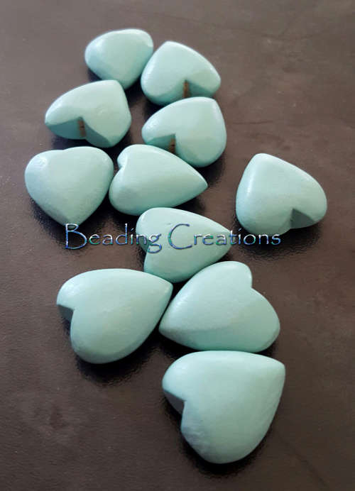 DESIGNER - HAND PAINTED - NATURAL WOODEN HEART BEADS - TURQUOISE - 20x22mm