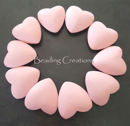 Large, Top Drilled, Natural, Hand Painted, Wooden Heart Beads, Baby Pink 40mm