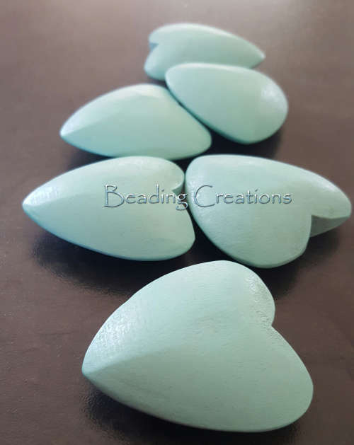 Large, Top Drilled, Natural, Hand Painted, Wooden Heart Beads, Turquoise 40mm