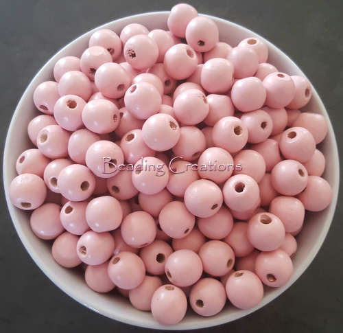 WOODEN BEADS - DESIGNER - HAND PAINTED - NATURAL ROUND - BABY PINK - 15mm - 5 PCS