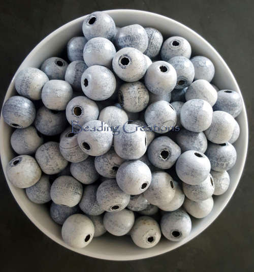 WOODEN BEADS - DESIGNER - HAND PAINTED - NATURAL ROUND - STONEWASHED DENIM BLUE - 18mm - 4 PCS