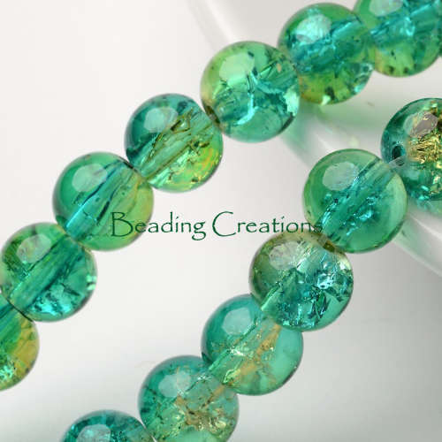 GLASS BEADS/ROUND BEADS/TWO TONE GLASS BEADS/TURQUOISE GREEN GLASS BEADS/CRACKLE GLASS BEADS/8MM