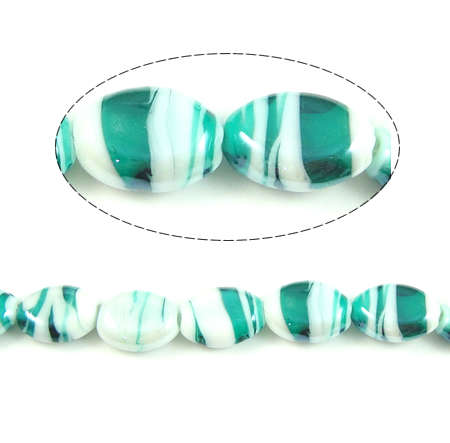 GLASS BEADS - HANDMADE - LAMPWORK - OVAL - TURQUOISE AND WHITE - 14x18x7mm
