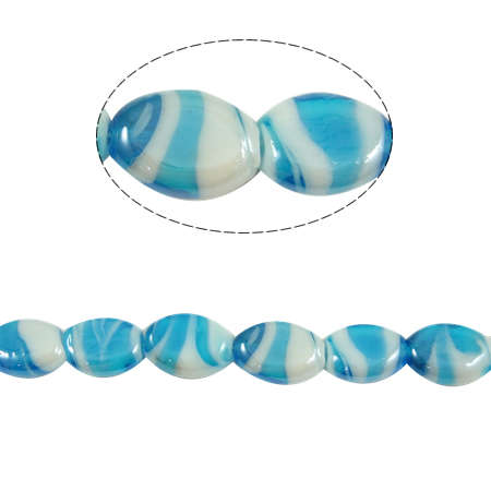 GLASS BEADS - HANDMADE - LAMPWORK - OVAL - SKY BLUE AND WHITE - 14x18x7mm