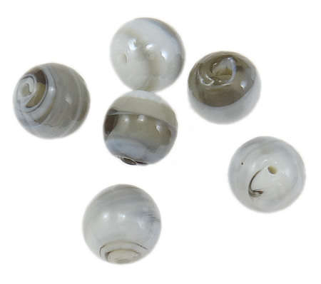 GLASS BEADS - PLATED LAMPWORK - ROUND - GREY AND WHITE SWIRL - 12mm