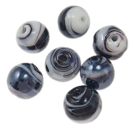 GLASS BEADS - PLATED LAMPWORK - ROUND - BLACK AND WHITE SWIRL - 12mm