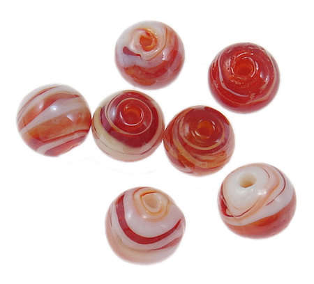 GLASS BEADS - PLATED LAMPWORK - ROUND - RED AND WHITE SWIRL - 12mm - 5 PCS