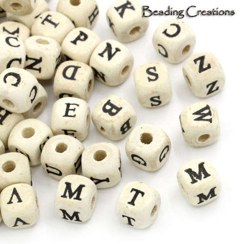 Natural Wooden Alphabet Cubic Beads 10mm
