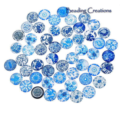 GLASS DOME SEALS - 3D - CABOCHON - ROUND - FLATBACK - RANDOM PORCELAIN FLOWERS PATTERNS - 12mm
