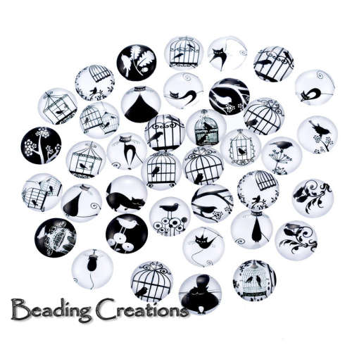 GLASS DOME SEALS - 3D - CABOCHON - ROUND - FLATBACK - BIRDCAGE & CAT PATTERNS - 12mm