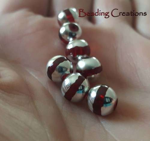 GLASS BEADS - 8mm - MAROON WITH SILVER FOIL - ROUND - 10 PCS