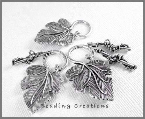 TOGGLE CLASPS - LEAF DESIGN  - ANTIQUE SILVER -  37mm x 23mm - 25mm x 8mm