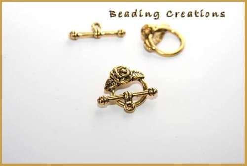 TOGGLE CLASPS - ROSE DESIGN - SINGLE STRAND - GOLD TONE - 15x19mm