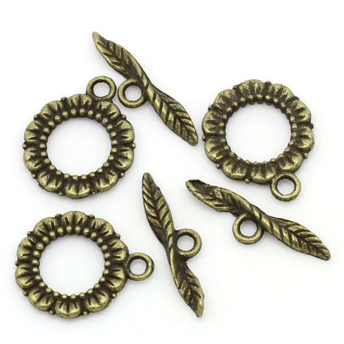 TOGGLE CLASPS - FLOWER DESIGN  - ANTIQUE BRONZE -  20x17mm 24x6mm