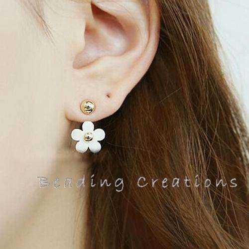 EARRINGS - DAISY FLOWER - DOUBLE BALL - DOUBLE SIDED STUD - WHITE