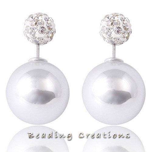 EARRINGS - SHAMBALLA - CRYSTAL - PEARL - DOUBLE BALL - DOUBLE SIDED STUD - WHITE