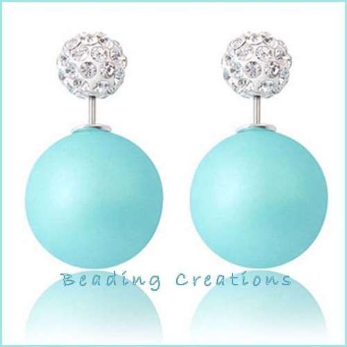 EARRINGS - SHAMBALLA - CRYSTAL - PEARL - DOUBLE BALL - DOUBLE SIDED STUD - SKY BLUE