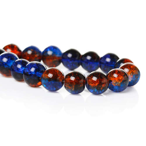GLASS BEADS - LOOSE - ROUND - DARK BLUE AND ORANGE CRACKLE - 10mm