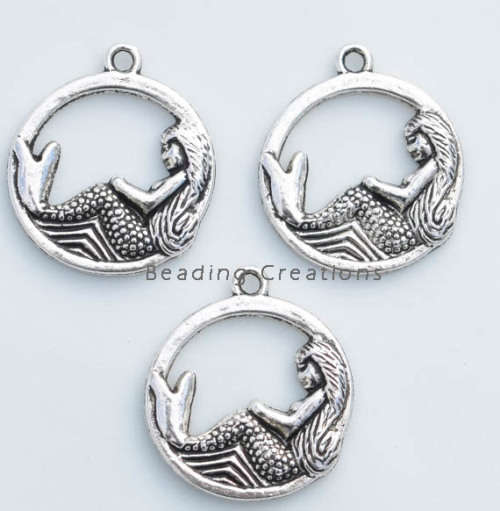 CHARM PENDANTS - ANTIQUE SILVER - MERMAID - ALLOY - 25x21mm