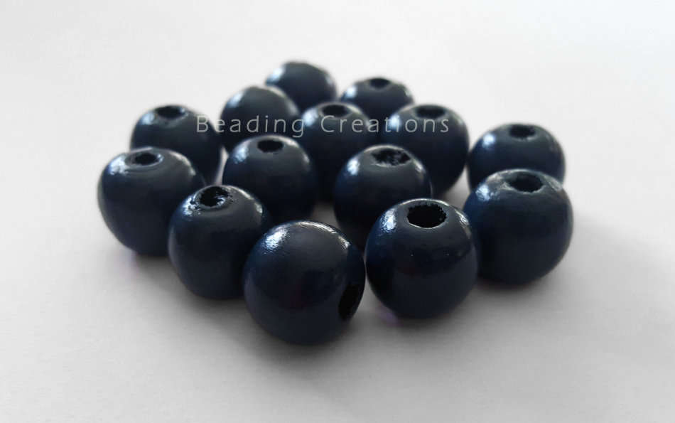 Natural Round Painted Wooden Beads Dark Blue 14mm
