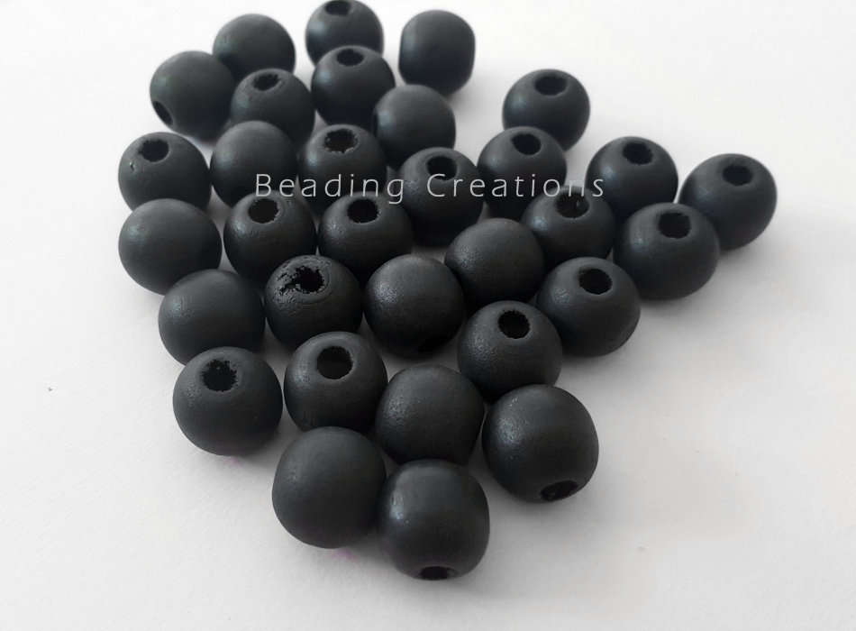 Natural Round Painted Wooden Beads Dark Grey 14mm