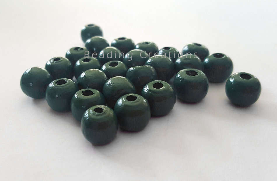 Natural Round Painted Wooden Beads Dark Green 10mm