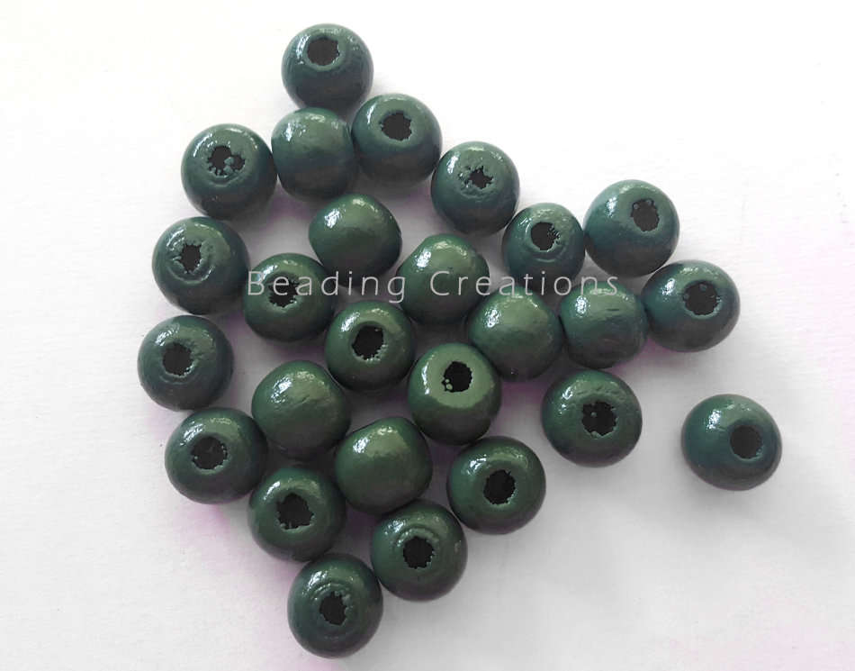 Natural Round Painted Wooden Beads Dark Green 10mm