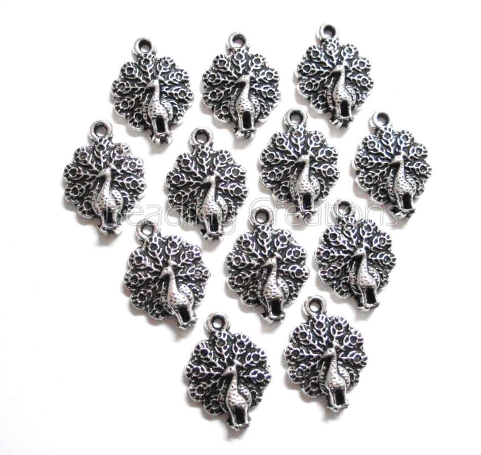 CHARMS - ANTIQUE SILVER - PEACOCK - BIRD - CHARMS - 20x14mm