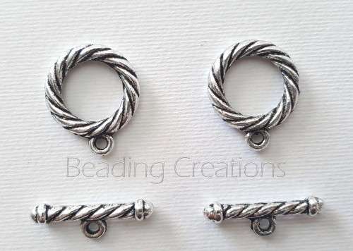 TOGGLE CLASPS - LARGE - ROPE DESIGN - ROUND - ANTIQUE SILVER - 22x20mm - 25x3mm