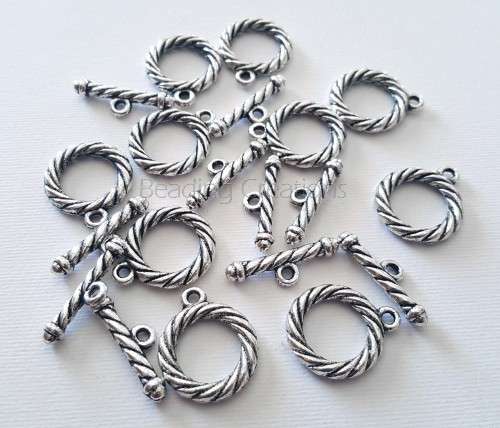 TOGGLE CLASPS - LARGE - ROPE DESIGN - ROUND - ANTIQUE SILVER - 22x20mm - 25x3mm