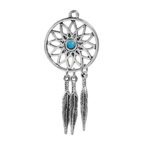 PENDANTS - DREAM CATCHER - BOHO CHIC - ANTIQUE SILVER - BLUE RESIN CABOCHON - TURQUOISE - 59x26mm