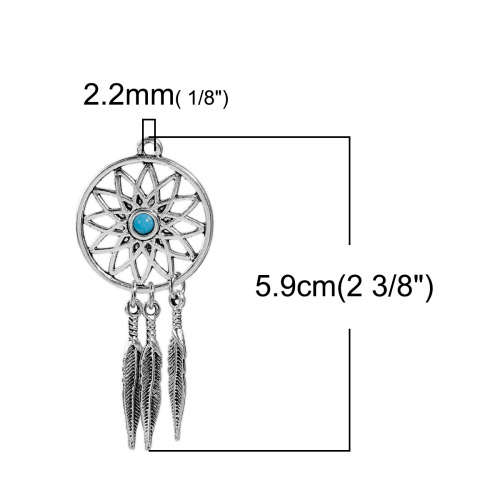 PENDANTS - DREAM CATCHER - BOHO CHIC - ANTIQUE SILVER - BLUE RESIN CABOCHON - TURQUOISE - 59x26mm