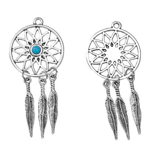 PENDANTS - DREAM CATCHER - BOHO CHIC - ANTIQUE SILVER - BLUE RESIN CABOCHON - TURQUOISE - 59x26mm