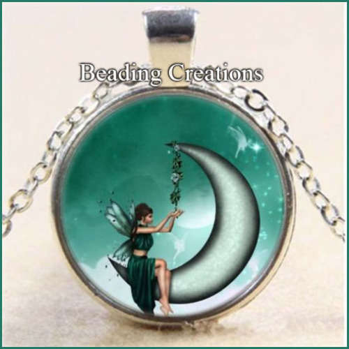 NECKLACE WITH CHAIN - CABOCHON - FAIRY ON THE MOON - TIBETAN SILVER - GLASS - PENDANT