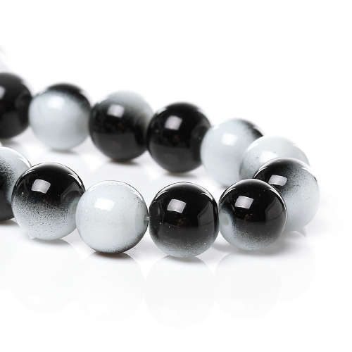 GLASS BEADS - ROUND - TWO TONE - BLACK AND WHITE - 10mm - SOLD PER BEAD
