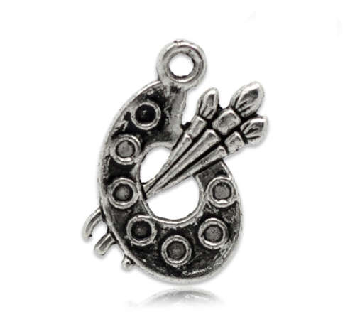Charms, Antique Silver Charms, Artist Paint Palette With Three Brushes Charms, 17mm (Loose)